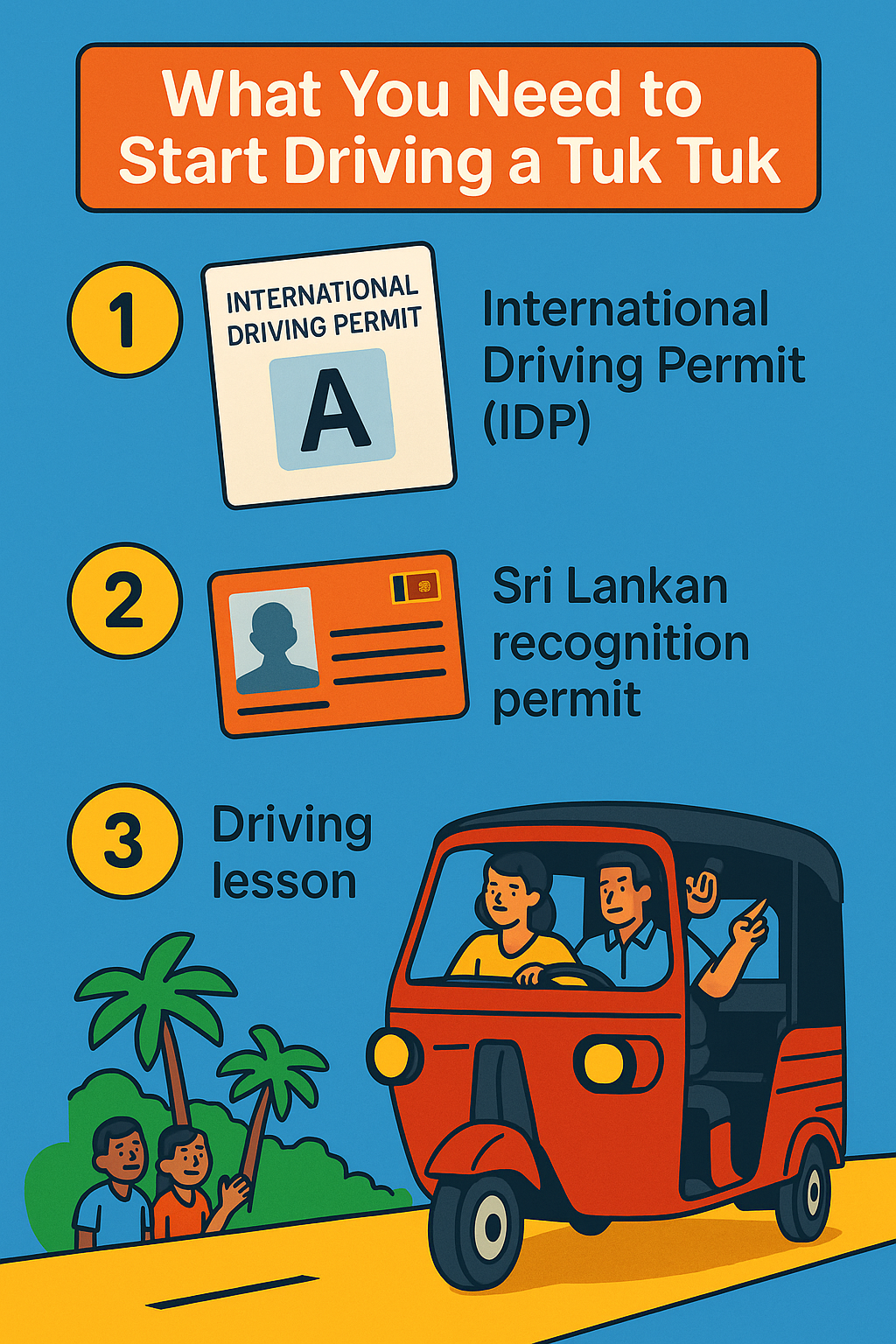 Infographic showing how to drive a tuk tuk in Sri Lanka with IDP, local permit, and lesson