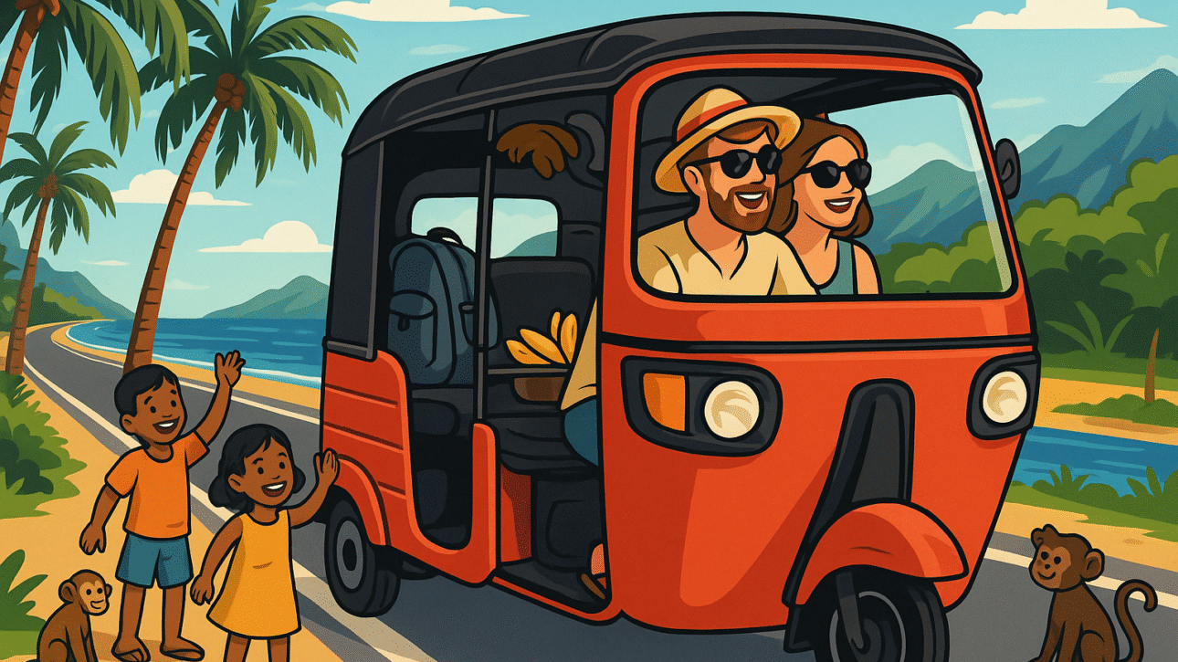 Couple driving a tuk tuk in Sri Lanka along a coastal road, waving at local children under palm trees