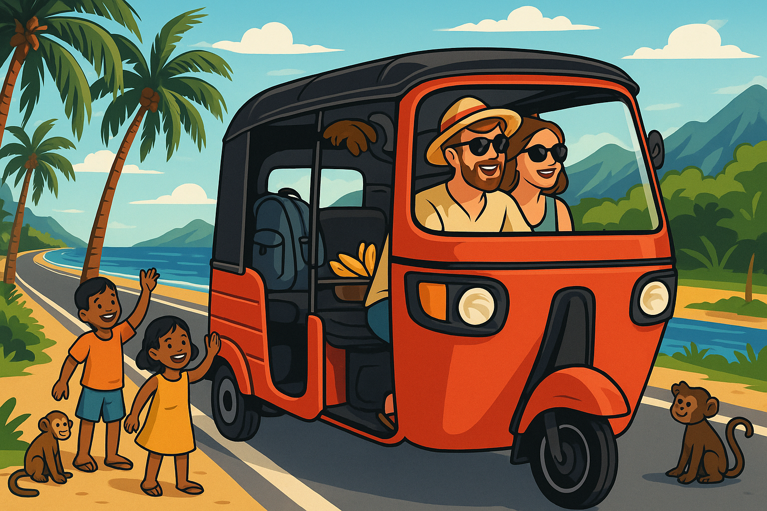 Couple driving a tuk tuk in Sri Lanka along a coastal road, waving at local children under palm trees
