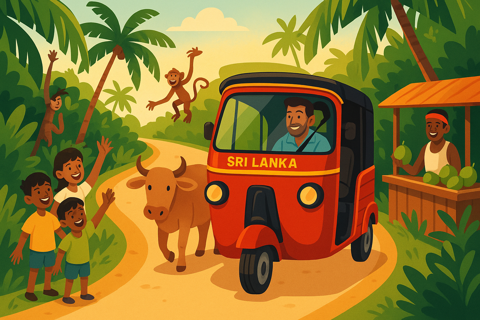 Tuk tuk in Sri Lanka passing children, a cow, a monkey, and a fruit vendor on a jungle road