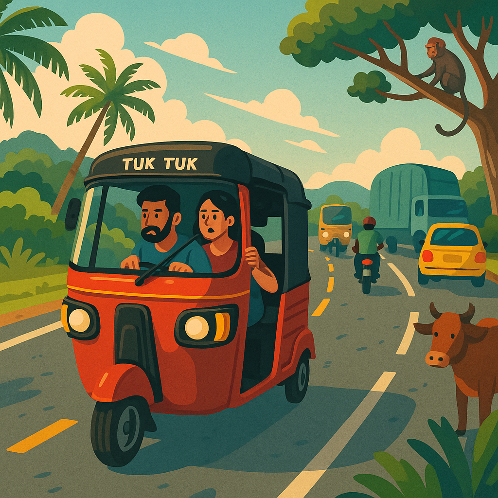 Driving a tuk tuk in Sri Lanka with unexpected traffic, cows, and jungle roads