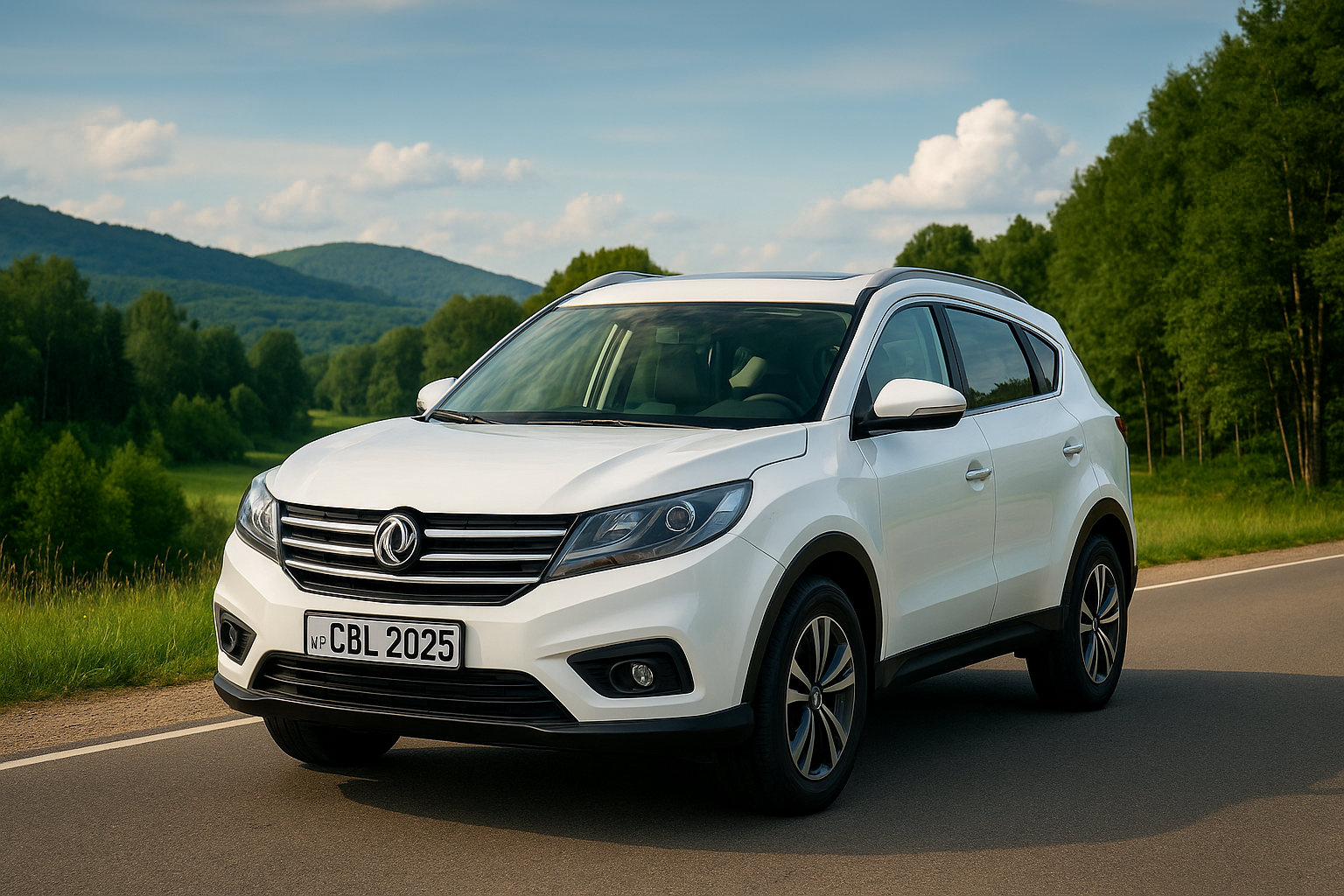 White DFSK Glory 580 SUV parked on a scenic countryside road in Sri Lanka with hills and greenery in the background