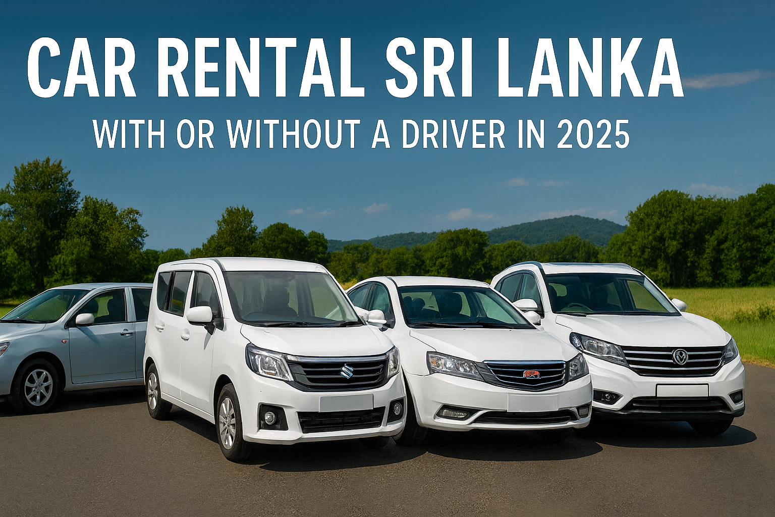 Four rental vehicles including a sedan, minivan, compact sedan, and SUV parked on a scenic road in Sri Lanka with hills and greenery in the background
