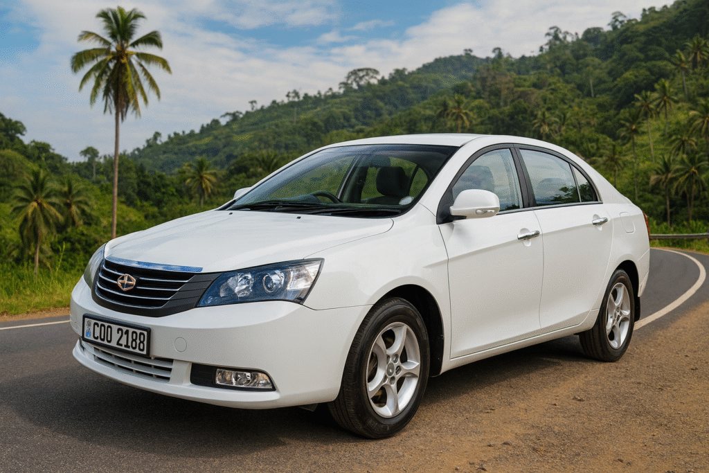 White Geely Emgrand 7 sedan parked on a scenic tropical road in Sri Lanka for car rental services