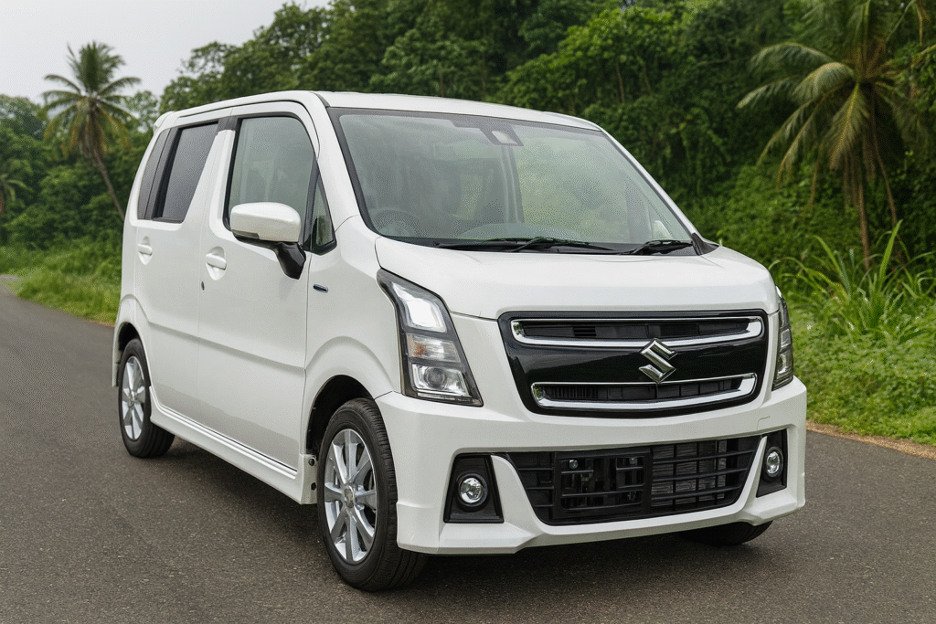 White Suzuki Wagon R hybrid parked on a quiet tropical road in Sri Lanka, available for rent
