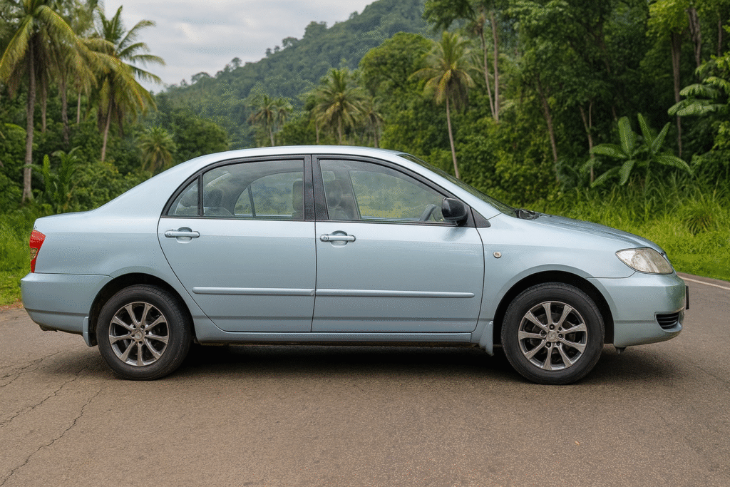 Light blue Toyota Corolla sedan parked on a scenic tropical road in Sri Lanka for car rental services